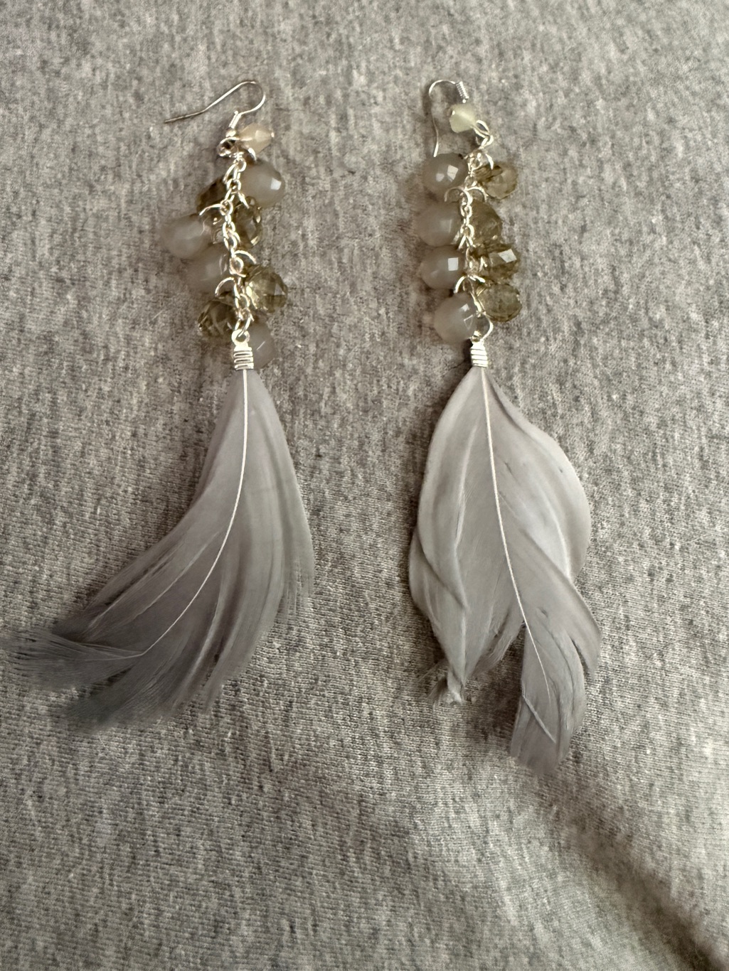 Gray Feather Drop Earrings With Beaded Accents